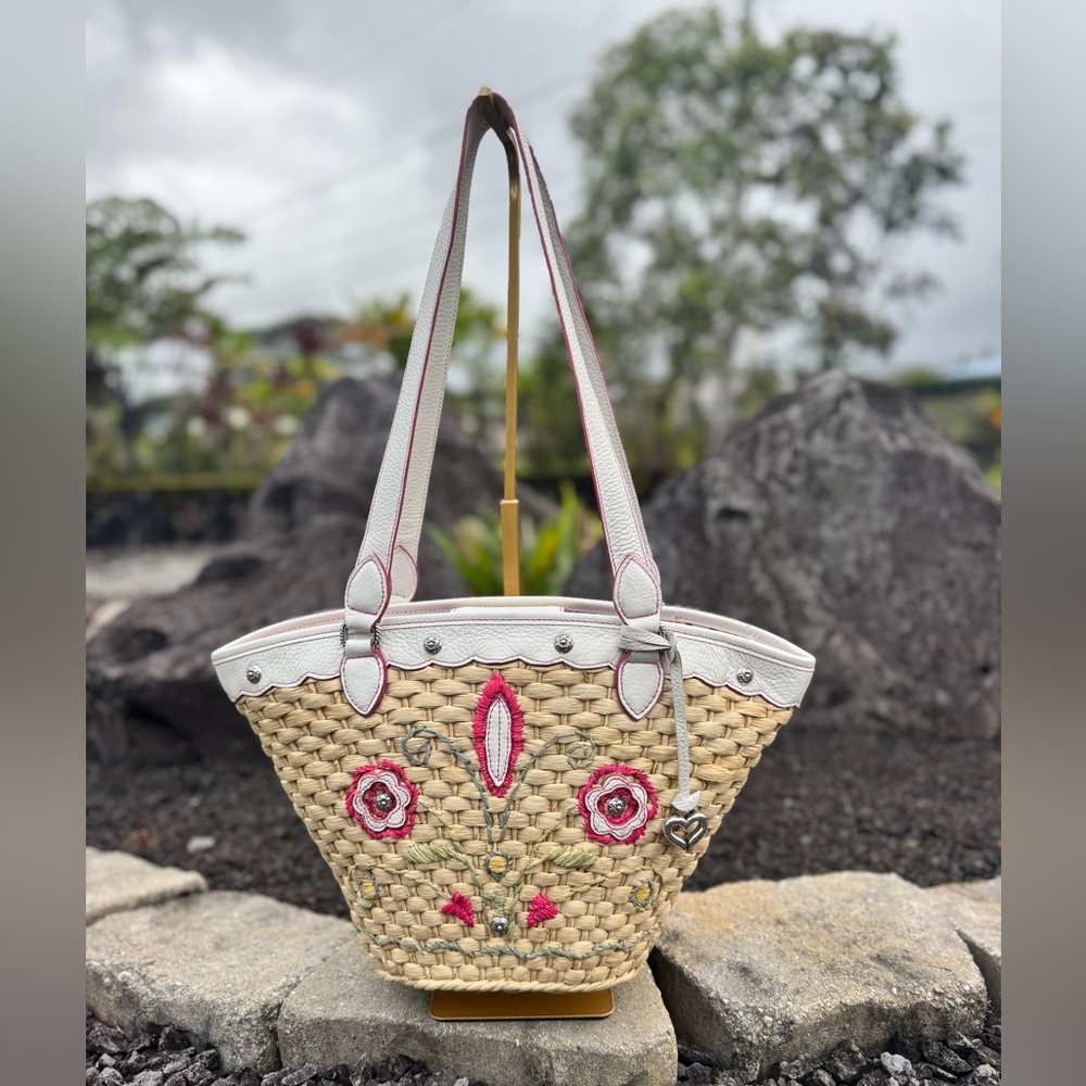 Brighton Straw Woven Floral Embroidered Tote White Leather Heart Charm